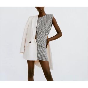 Zara black and white gingham plaid mini dress with padded shoulders